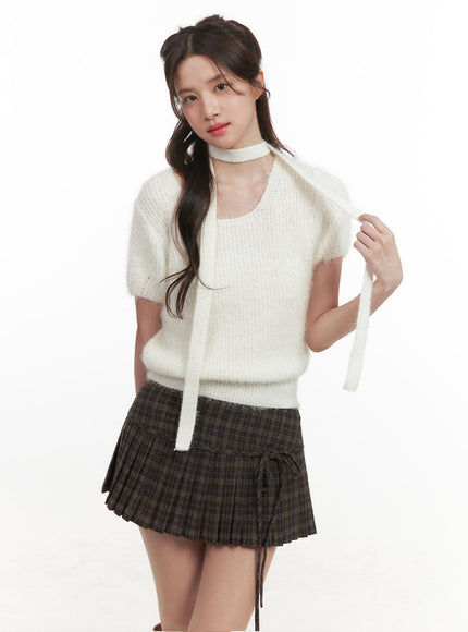 cozy-knit-short-sleeve-sweater-with-scarf-cj514 / Light beige