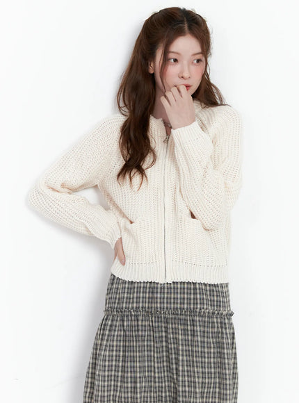 waffle-knit-zip-up-cardigan-cg520 / Light beige
