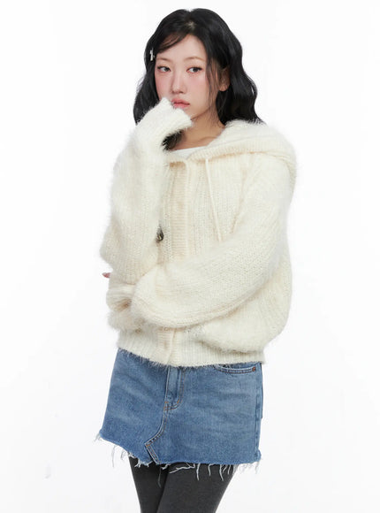 loose-fit-knit-hooded-zip-up-cn514 / Light beige