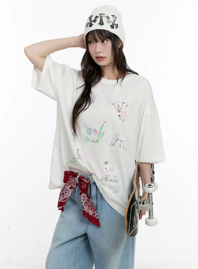 whimsical-embroidered-oversized-t-shirt-cl507 / White