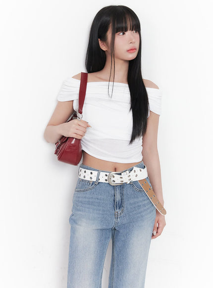shirred-off-shoulder-crop-top-cy527 / White