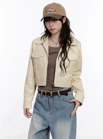 faux-leather-cropped-zip-up-jacket-cs530 / Light beige