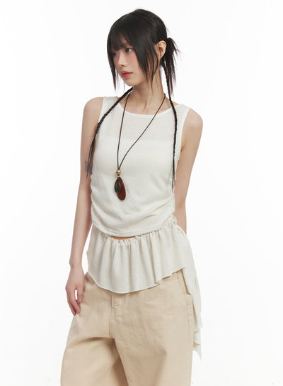 ruffle-shirred-asymmetric-tank-top-cf519 / Light beige
