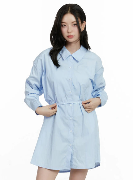 ribbon-waist-shirt-dress-f502 / Light blue