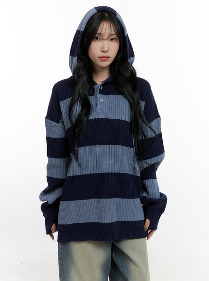 buttoned-stripe-hoodie-sweater-cn408 / Light blue