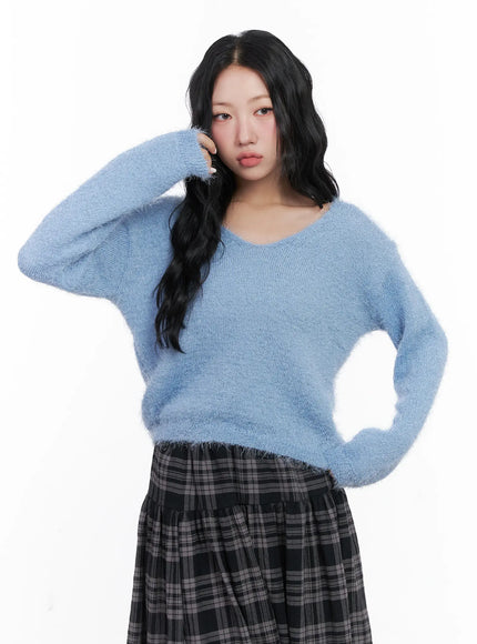 v-neck-ribbon-long-sleeve-knit-sweater-cn514 / Light blue