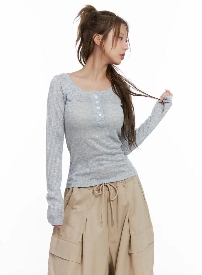 ribbed-sheer-long-sleeve-top-cl514 / Light gray