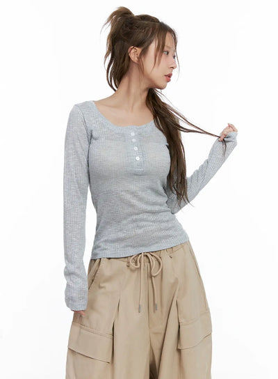 ribbed-sheer-long-sleeve-top-cl514 / Light gray