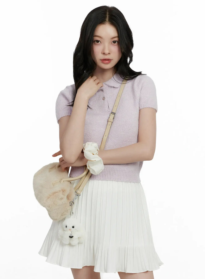 short-sleeve-collar-knit-top-f502 / Light pink