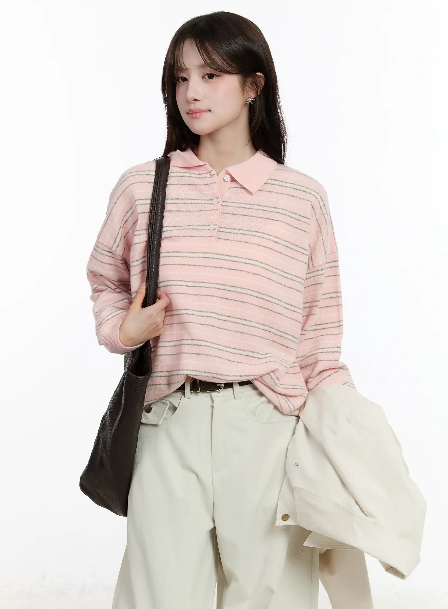 oversized-striped-collar-knit-top-cm510 / Light pink