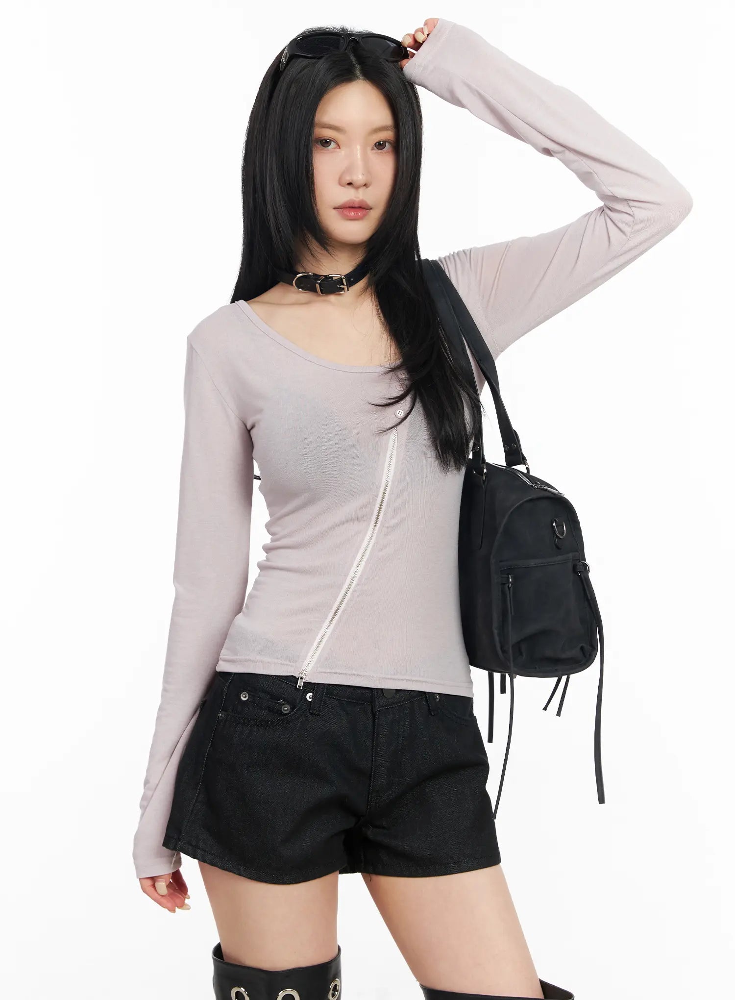 asymmetrical-zip-long-sleeve-shirt-cm517 / Light pink