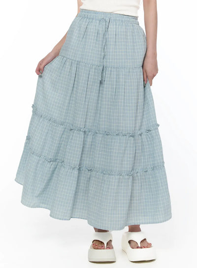 elegant-gingham-maxi-skirt-ca520 / Light blue