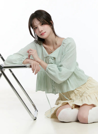 ruffle-ribbon-puff-sleeve-blouse-cm505 / Mint