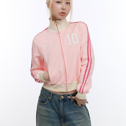 embroidered-high-collar-zip-up-sweatshirt-co422 / Pink