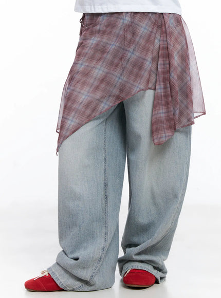 plaid-mesh-layered-wrap-midi-skirt-cl511 / Pink