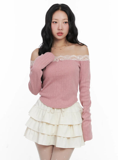 off-shoulder-lace-long-sleeve-top-cn514 / Pink