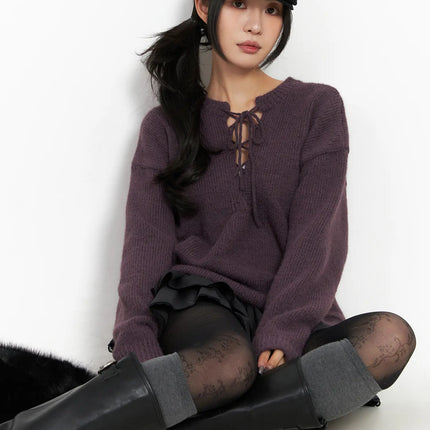 two-way-eyelet-lace-up-knit-sweater-cd505 / Purple