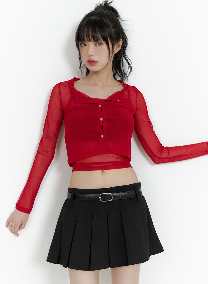 sheer-buttoned-top-and-cardigan-cu413 / Red