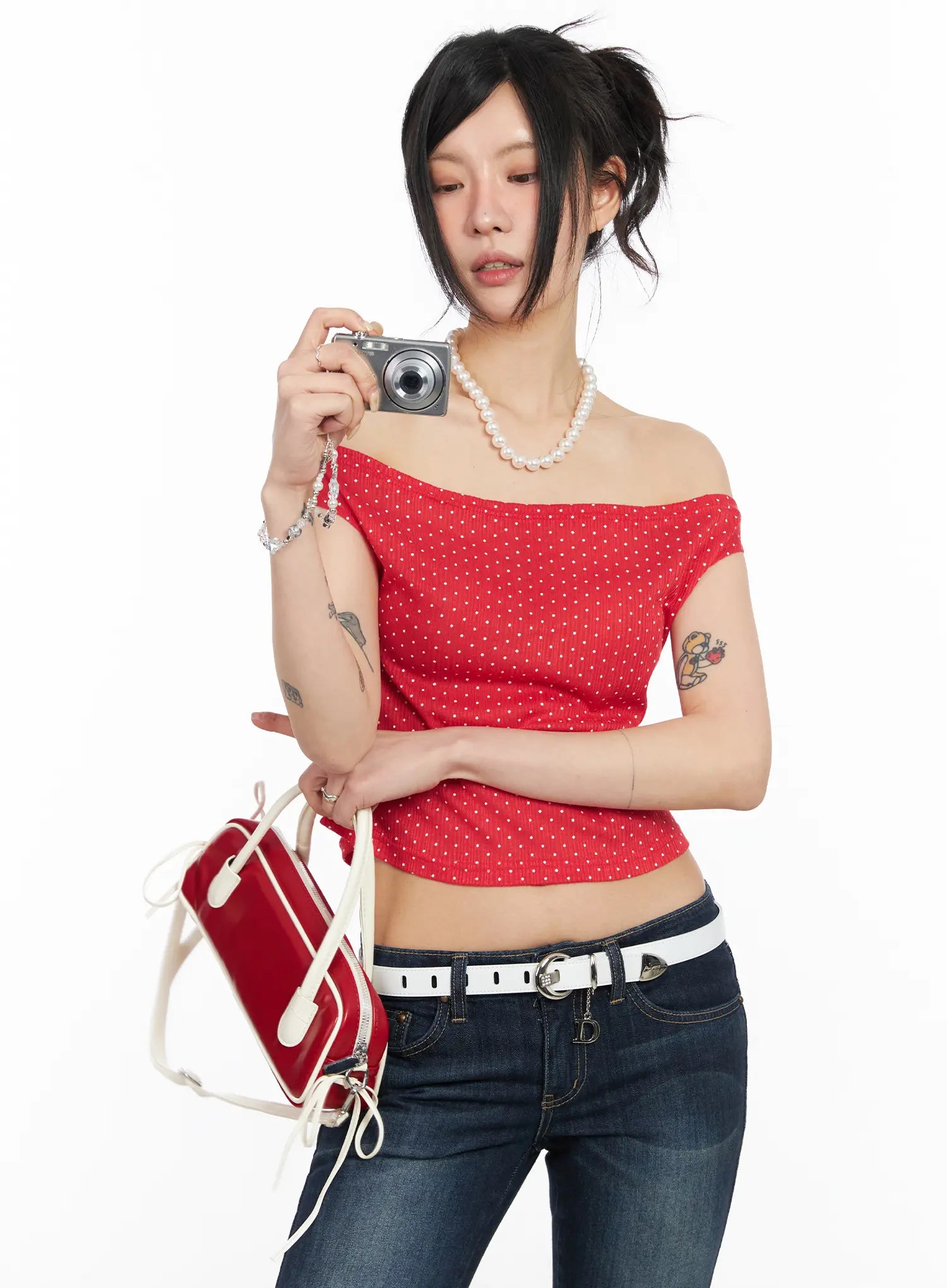 draped-polka-dot-top-cm517 / Red