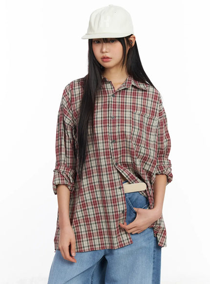 oversized-plaid-long-sleeve-shirt-cf506-1 / Red