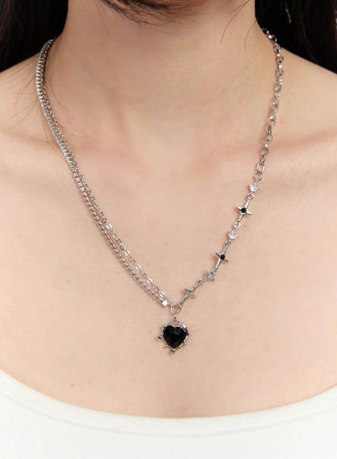 black-heart-chain-necklace-ca508 / Silver