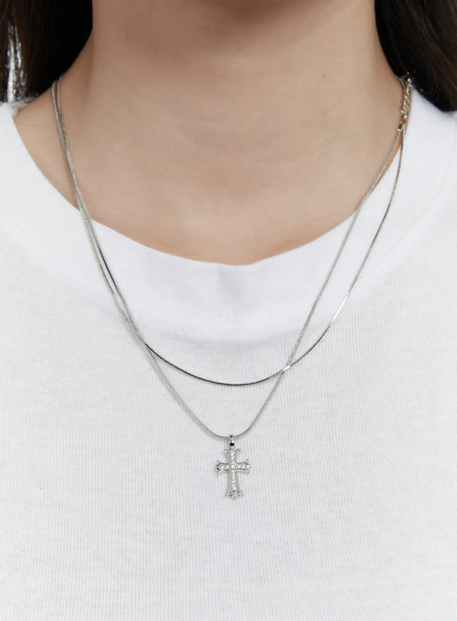 sparkling-cross-double-layer-necklace-f502 / Silver