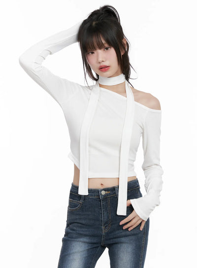 off-shoulder-scarf-long-sleeve-top-cg519 / White