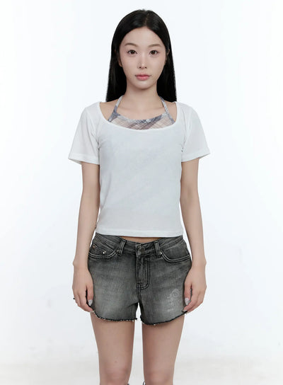 layered-plaid-halter-top-cg501 / White