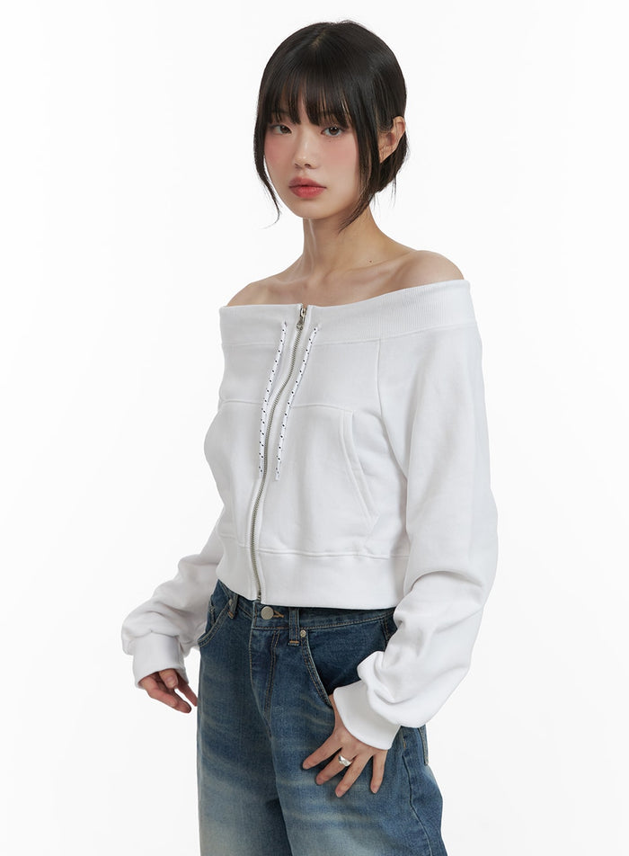 off-shoulder-zip-sweatshirt-ca419 / White