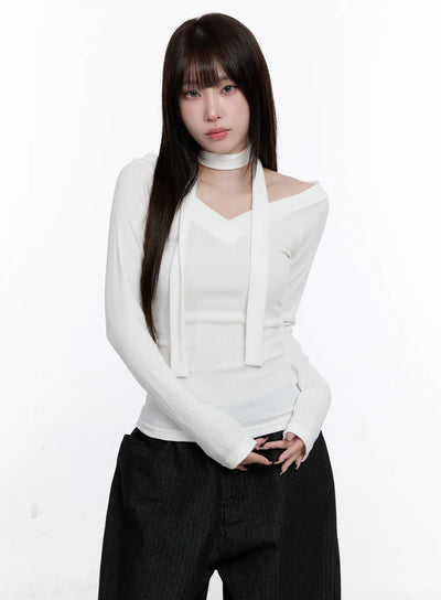 v-neck-ribbed-two-way-tie-long-sleeve-top-cs530 / White