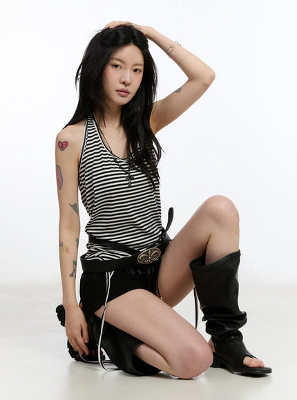 striped-halter-layered-tank-top-ca508 / White