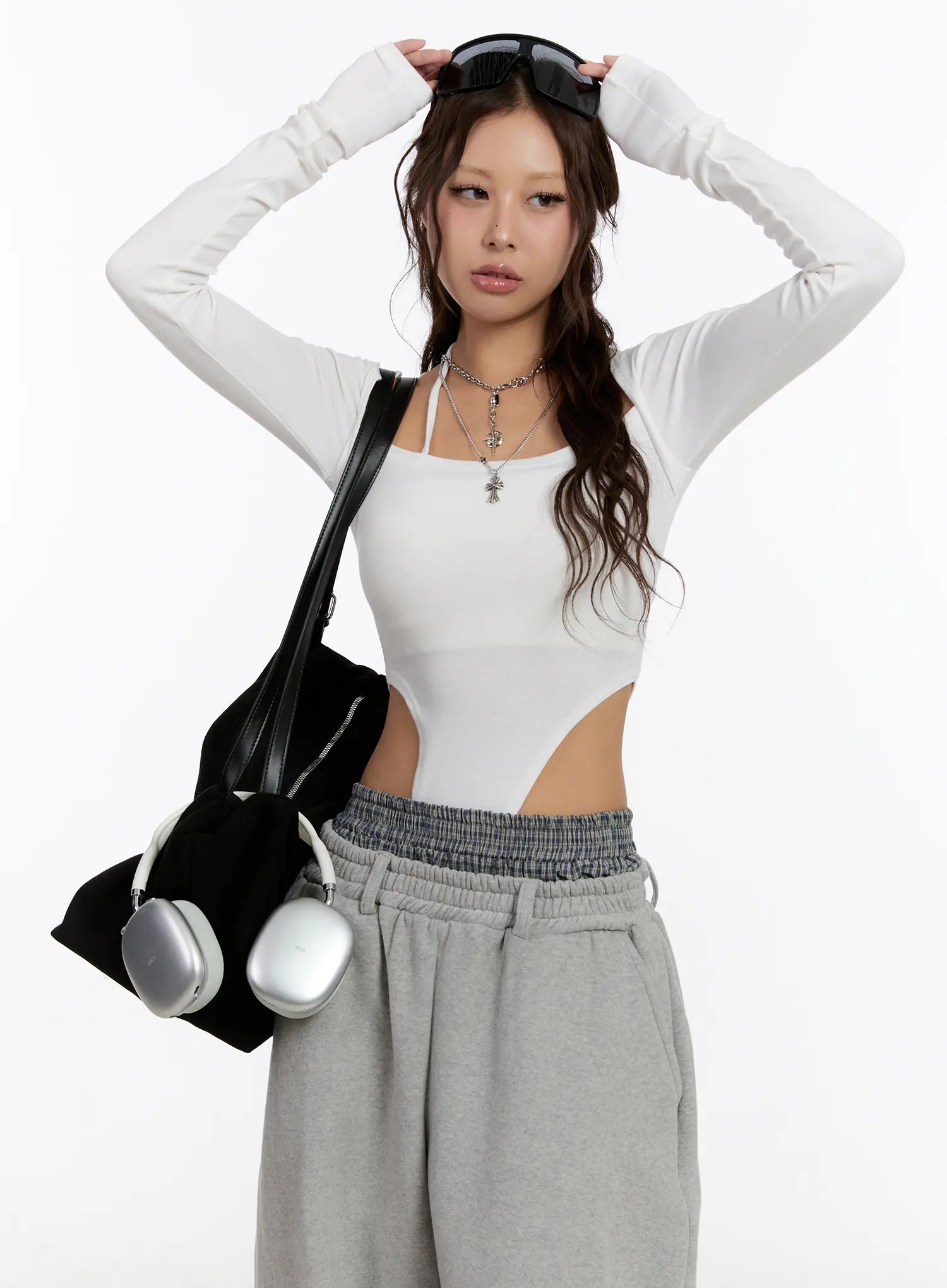 halter-neck-long-sleeve-bodysuit-cn527 / White