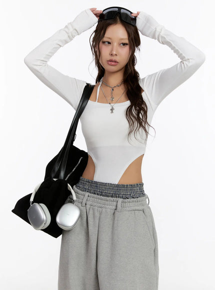halter-neck-long-sleeve-bodysuit-cn527 / White