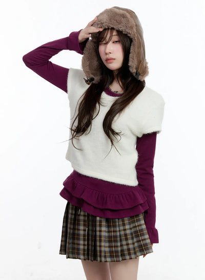 layered-fur-trim-short-sleeve-top-cn525 / White