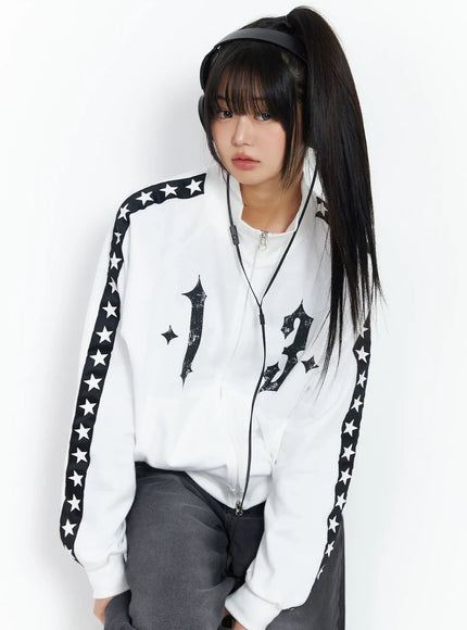 star-graphic-lined-sporty-zip-up-jacket-cf504 / White