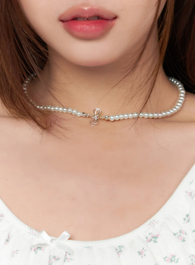 Faux Pearl Ribbon Necklace CA515