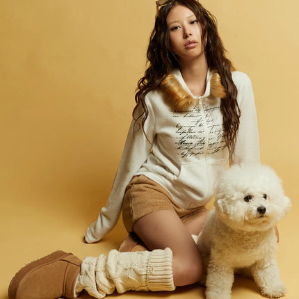 graphic-faux-fur-trim-zip-up-hoodie-cd512 / White