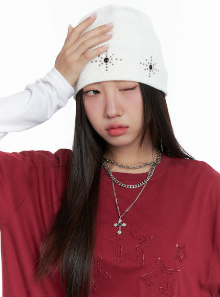 boho-studded-ribbed-beanie-cs503 / White