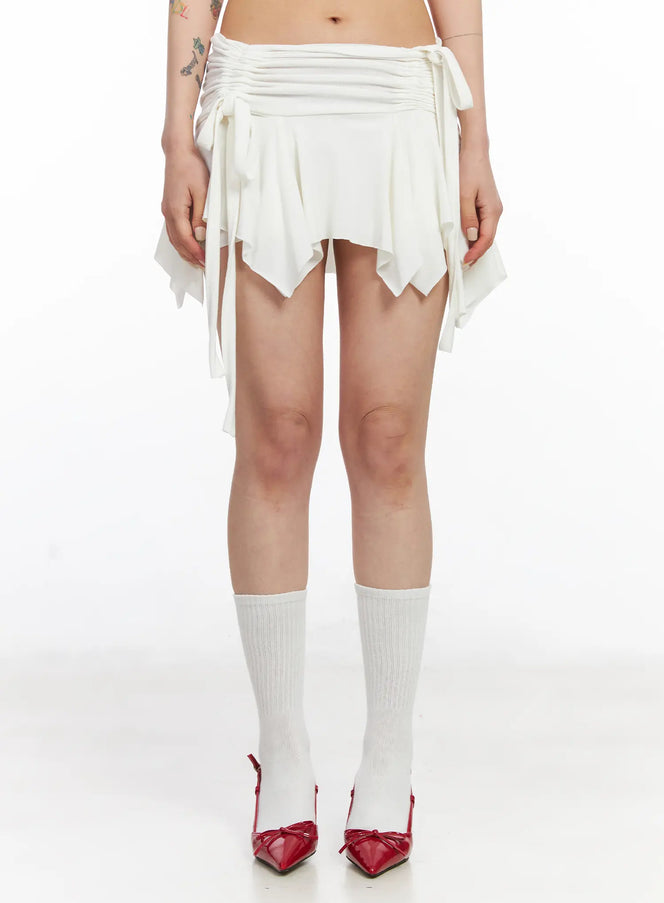 asymmetrical-ruched-flared-mini-skirt-cj522 / White