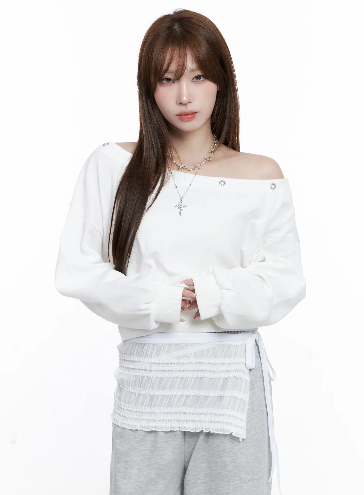 off-shoulder-eyelet-sweatshirt-cg529 / White