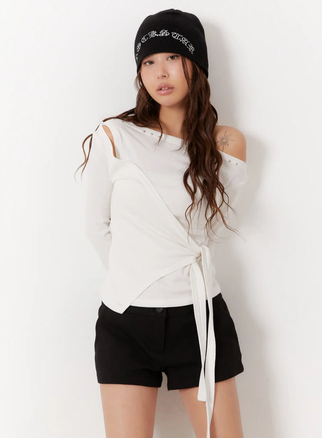 studded-off-shoulder-wrap-tie-long-sleeve-top-cd515 / White