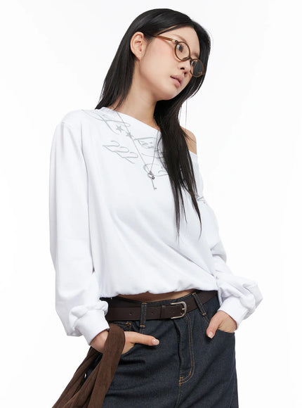 text-print-off-shoulder-sweatshirt-co508 / White