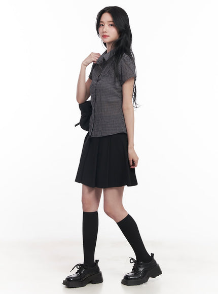 checkered-puff-button-blouse-top-cy526