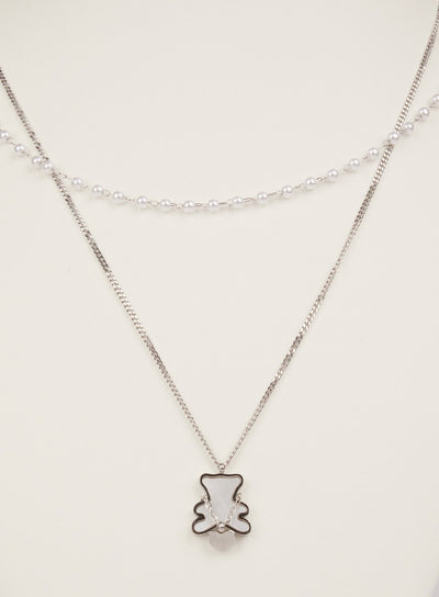 Flat Bear Double Layer Necklace (White) IM531