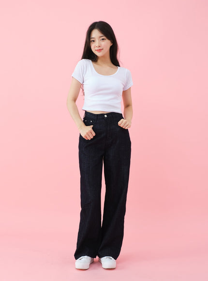 Deep Round Neck Basic Crop T-Shirt BU5
