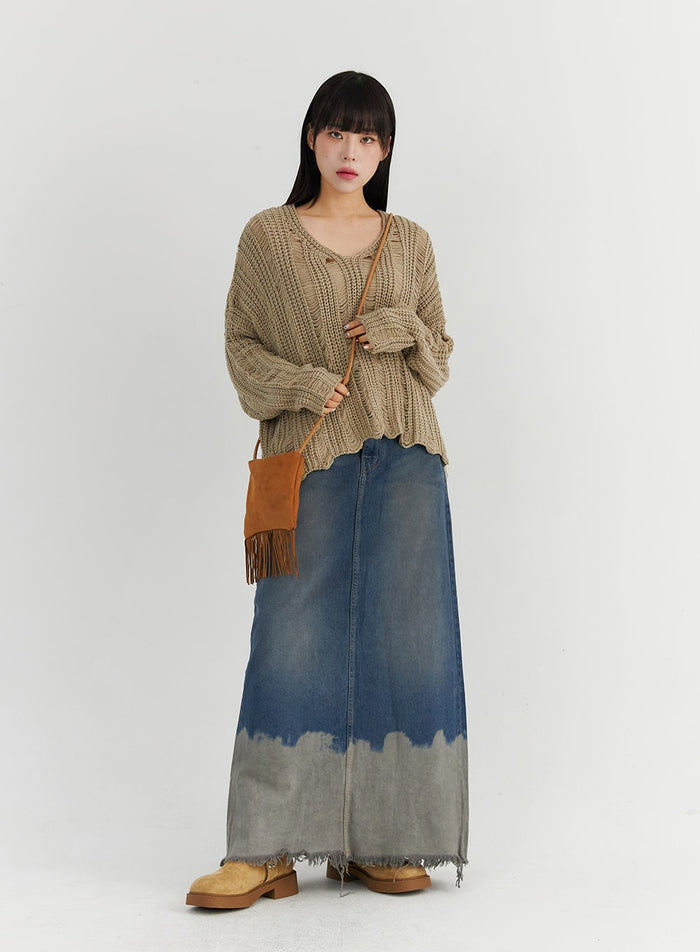 Two-Tone Washed Maxi Denim Skirt CO319
