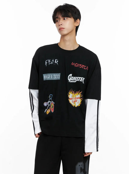 mens-graphic-layered-long-sleeve-top-io516 / Black