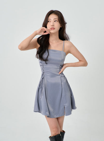 Silky Satin Cross Waist Tie Thin Strap Mini Dress IO27
