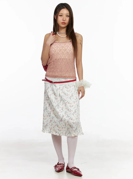 Floral Satin Ruffle Hem Midi Skirt IA527