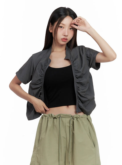 shirred-zip-nylon-short-sleeve-jacket-cl509
